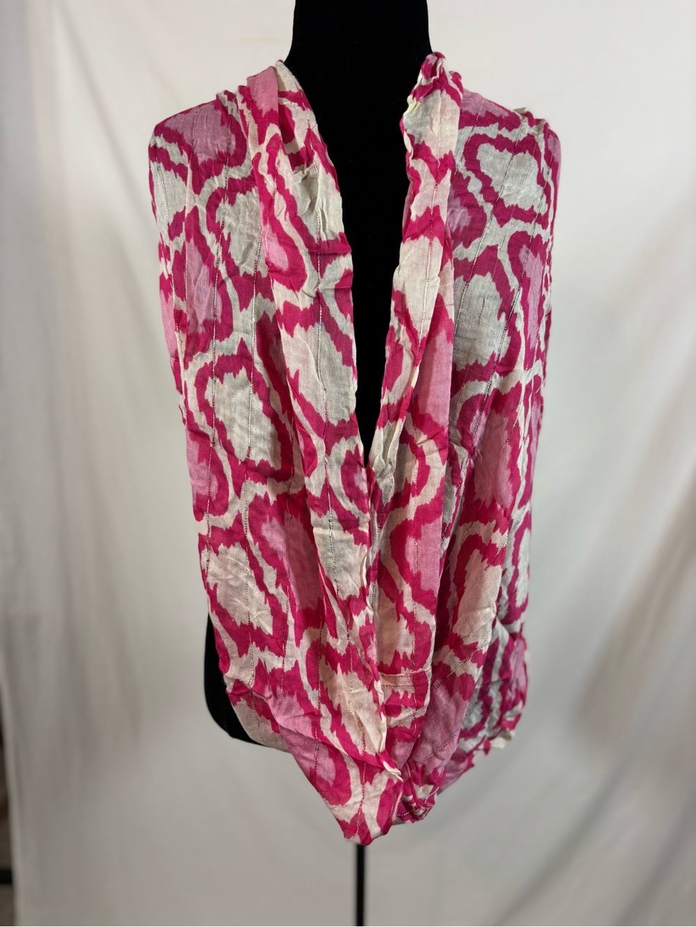 Hot Pink Cream Ikat Infinity Scarf Lagenlook Boho Artsy Sheer Metallic Loop